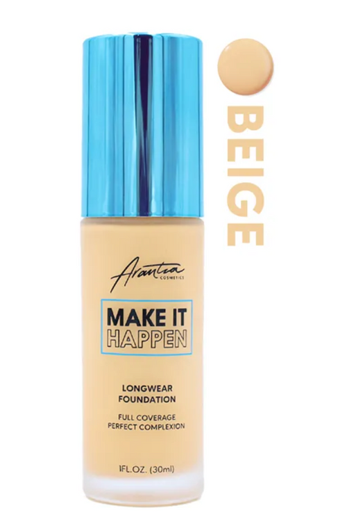 MAQUILLAJE MAKE IT HAPPEN TONO 3 BEIGE, BASE DE MAQUILLAJE DE ARANTZA COSMETICS, BASE DE MAQUILLAJE EXTREMA COVERTURA, BASE DE MAQUILLAJE TONO A 3 DE ARANTZA 