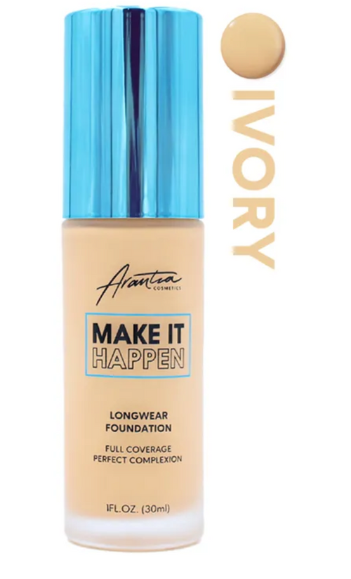 MAQUILLAJE MAKE IT HAPPEN TONO 2 IVORY, BASE DE MAQUILLAJE DE ARANTZA COSMETICS, BASE DE MAQUILLAJE EXTREMA COVERTURA, BASE DE MAQUILLAJE TONO A 2 DE ARANTZA 